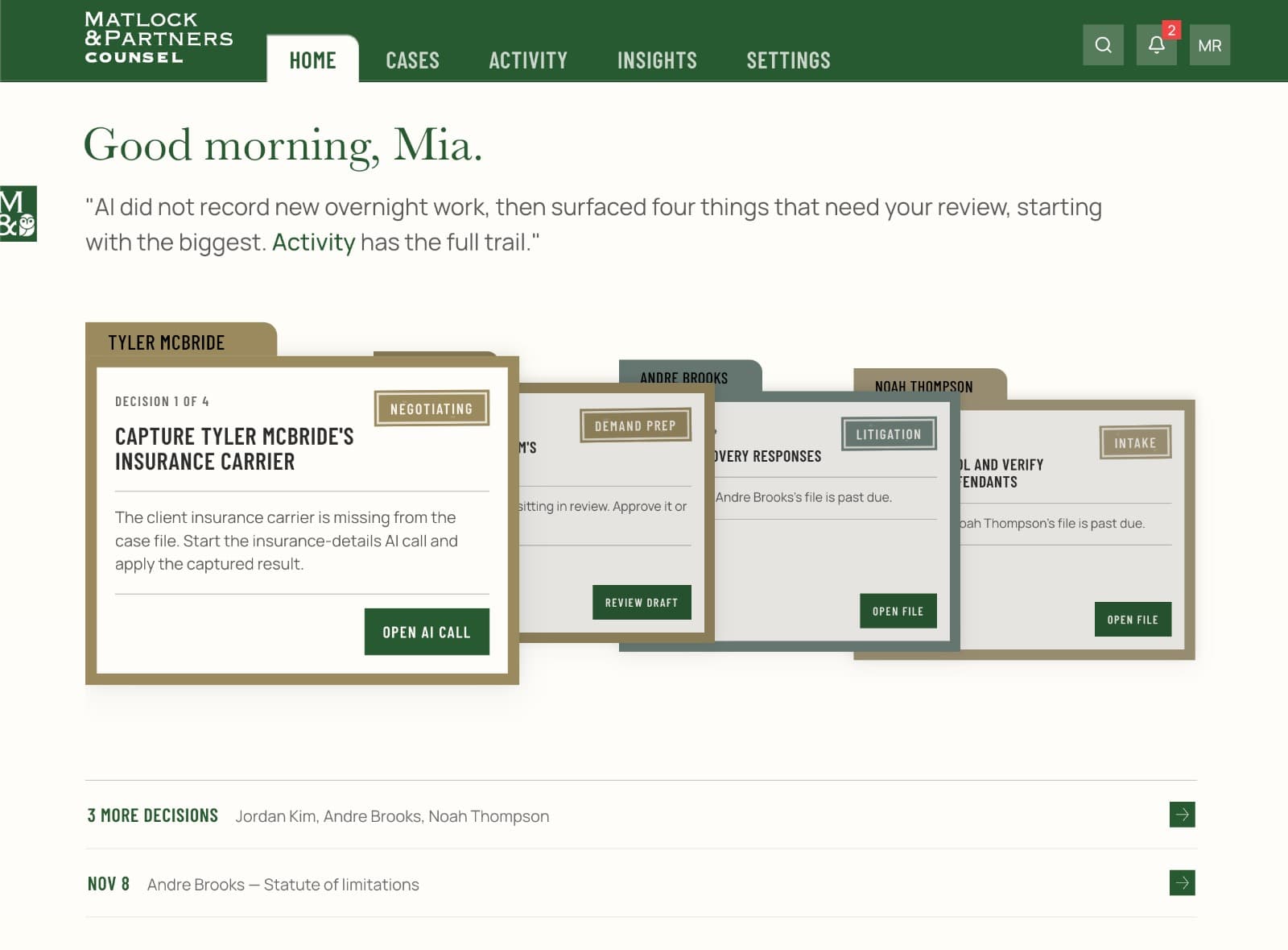 The morning briefing in Matlock: the AI reports overnight work and queues the day's decisions, starting with the biggest